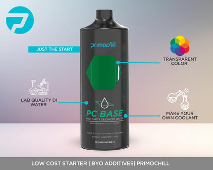 PrimoChill Base - Computer WaterCooling High Purity Deionized Water, No Protection, Add your Additives/Inhibitors, Proudly Made in The USA (32oz/.9L) - Transparent - UV Green