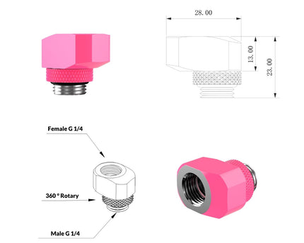 PrimoChill InterConnect SX Male to Female G 1/4in. Offset Full Rotary Fitting - 10mm - UV Pink