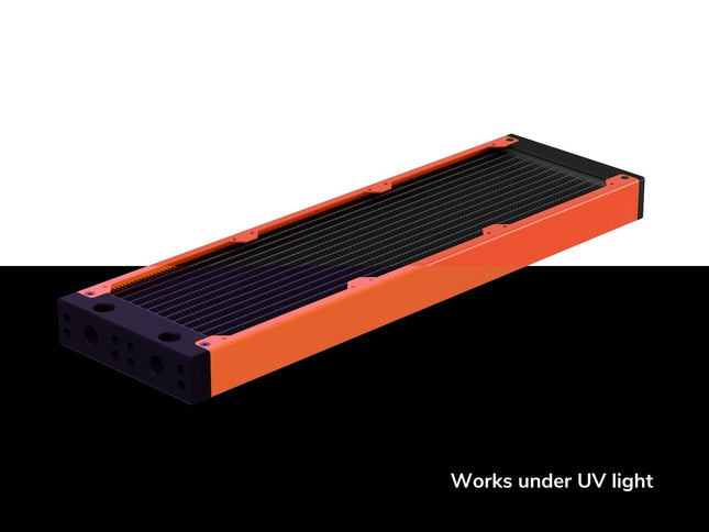 PrimoChill 360SL (30mm) EXIMO Modular Radiator, Black POM, 3x120mm, Triple Fan (R-SL-BK36) Available in 20+ Colors, Assembled in USA and Custom Watercooling Loop Ready - UV Orange