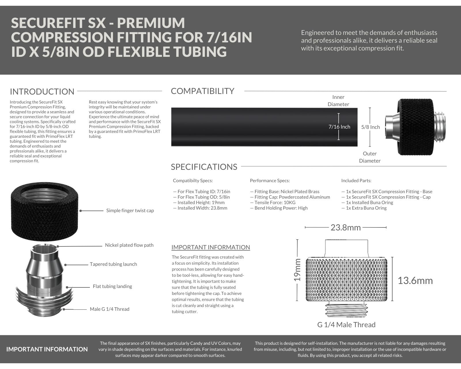 PrimoChill SecureFit SX - Premium Compression Fitting For 7/16in ID x 5/8in OD Flexible Tubing (F-SFSX758) - Available in 20+ Colors, Custom Watercooling Loop Ready - TX Matte Black