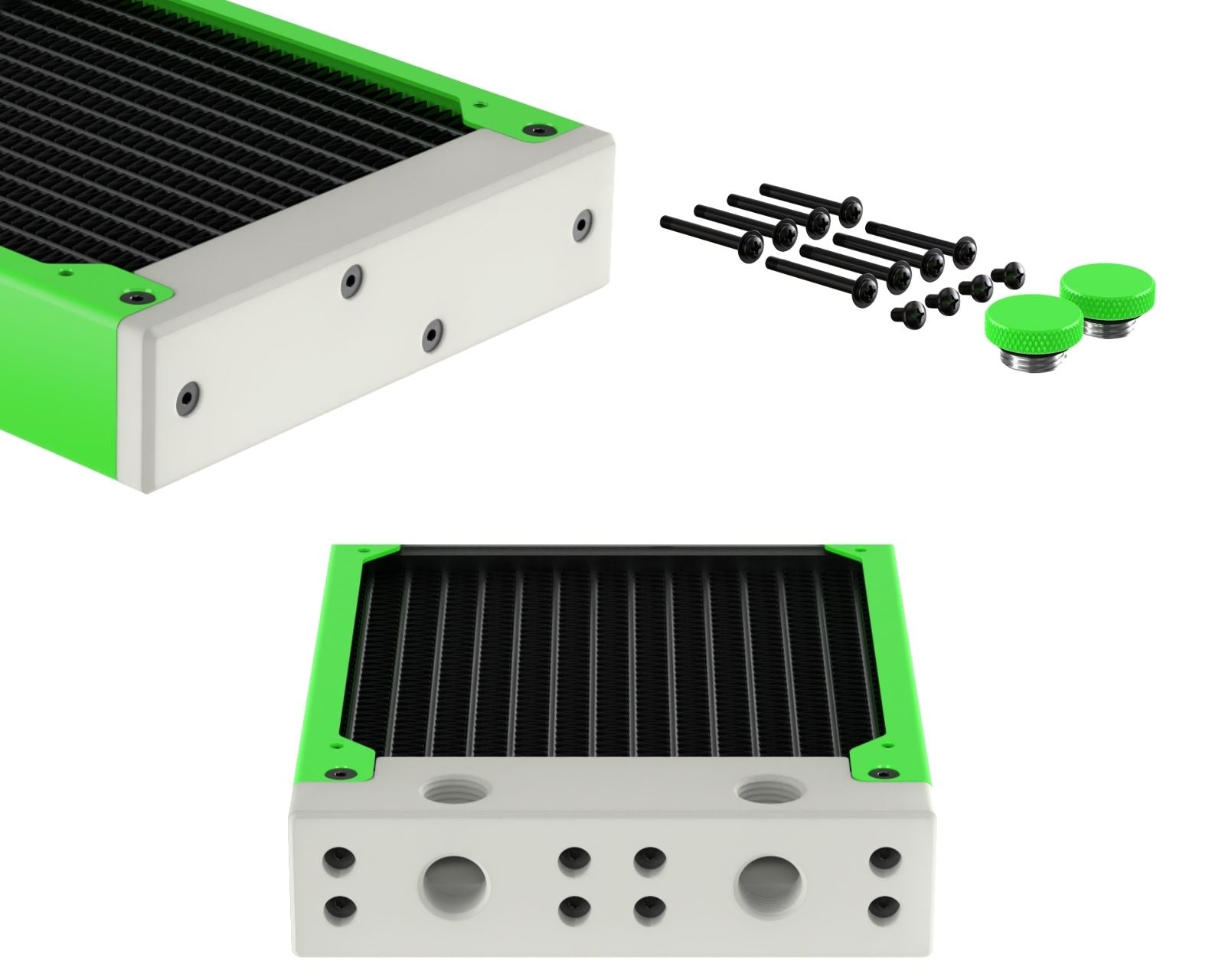PrimoChill 240SL (30mm) EXIMO Modular Radiator, White POM, 2x120mm, Dual Fan (R-SL-W24) Available in 20+ Colors, Assembled in USA and Custom Watercooling Loop Ready - UV Green