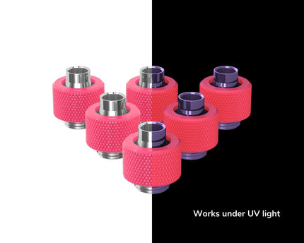 PrimoChill SecureFit SX - Premium Compression Fitting For 3/8in ID x 1/2in OD Flexible Tubing 6 Pack (F-SFSX12-6) - Available in 20+ Colors, Custom Watercooling Loop Ready - PrimoChill - KEEPING IT COOL UV Pink