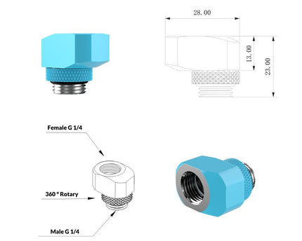 PrimoChill InterConnect SX Male to Female G 1/4in. Offset Full Rotary Fitting - 10mm - Sky Blue