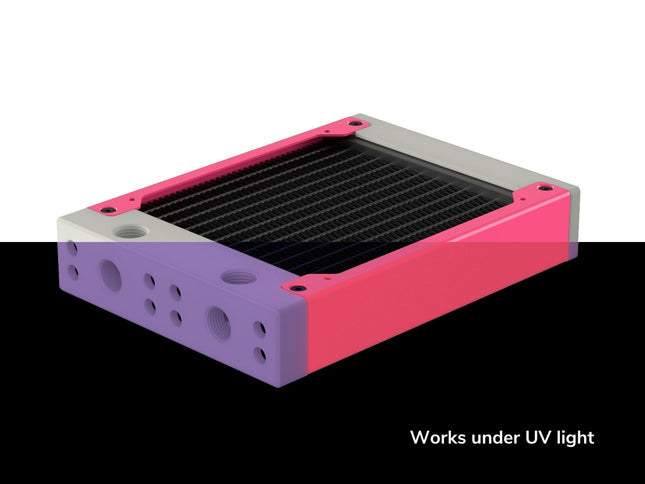 PrimoChill 120SL (30mm) EXIMO Modular Radiator, White POM, 1x120mm, Single Fan (R-SL-W12) Available in 20+ Colors, Assembled in USA and Custom Watercooling Loop Ready - UV Pink