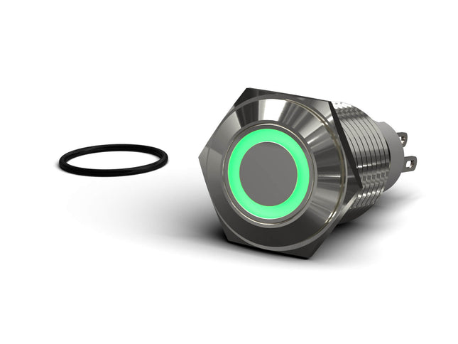 PrimoChill Silver Aluminum Latching Vandal Switch - 16mm - Ring Illumination - Green LED - Green LED Ring