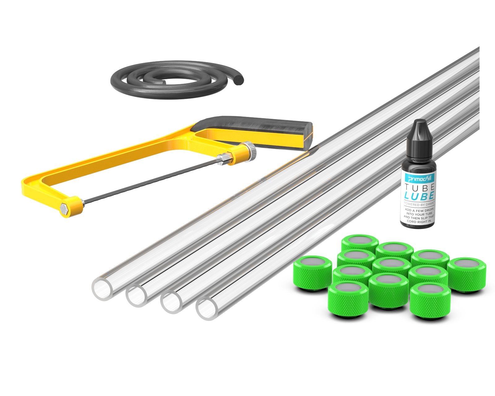 PrimoChill (Professional Kit) 4x 16mm Acrylic/PMMA Tubes, 12x Metrix SX Fitting, Bending Cord and Cutting Tool - UV Green