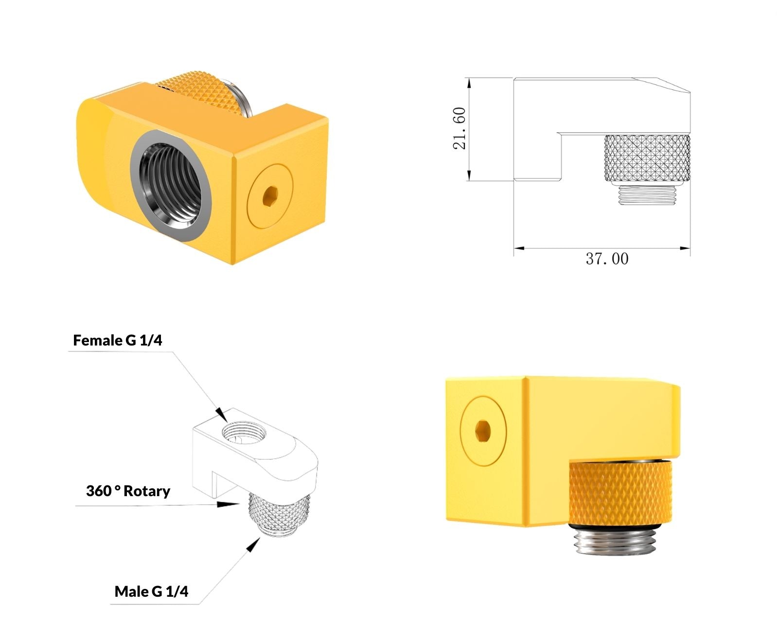 PrimoChill Male to Female G 1/4in. Supported Offset Rotary Fitting - Yellow