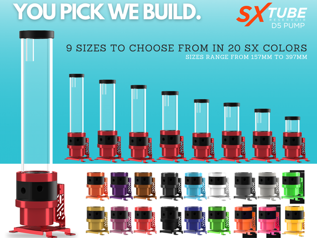 PrimoChill SXT D5 Pump Reservoir Combo Builder   – Black POM – 9 Tube Heights, 20+ Custom Colors