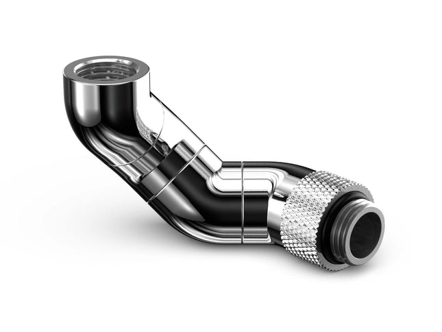 PrimoChill Male to Female G 1/4in. 180 Degree SX Triple Rotary Elbow Fitting - Silver Nickel