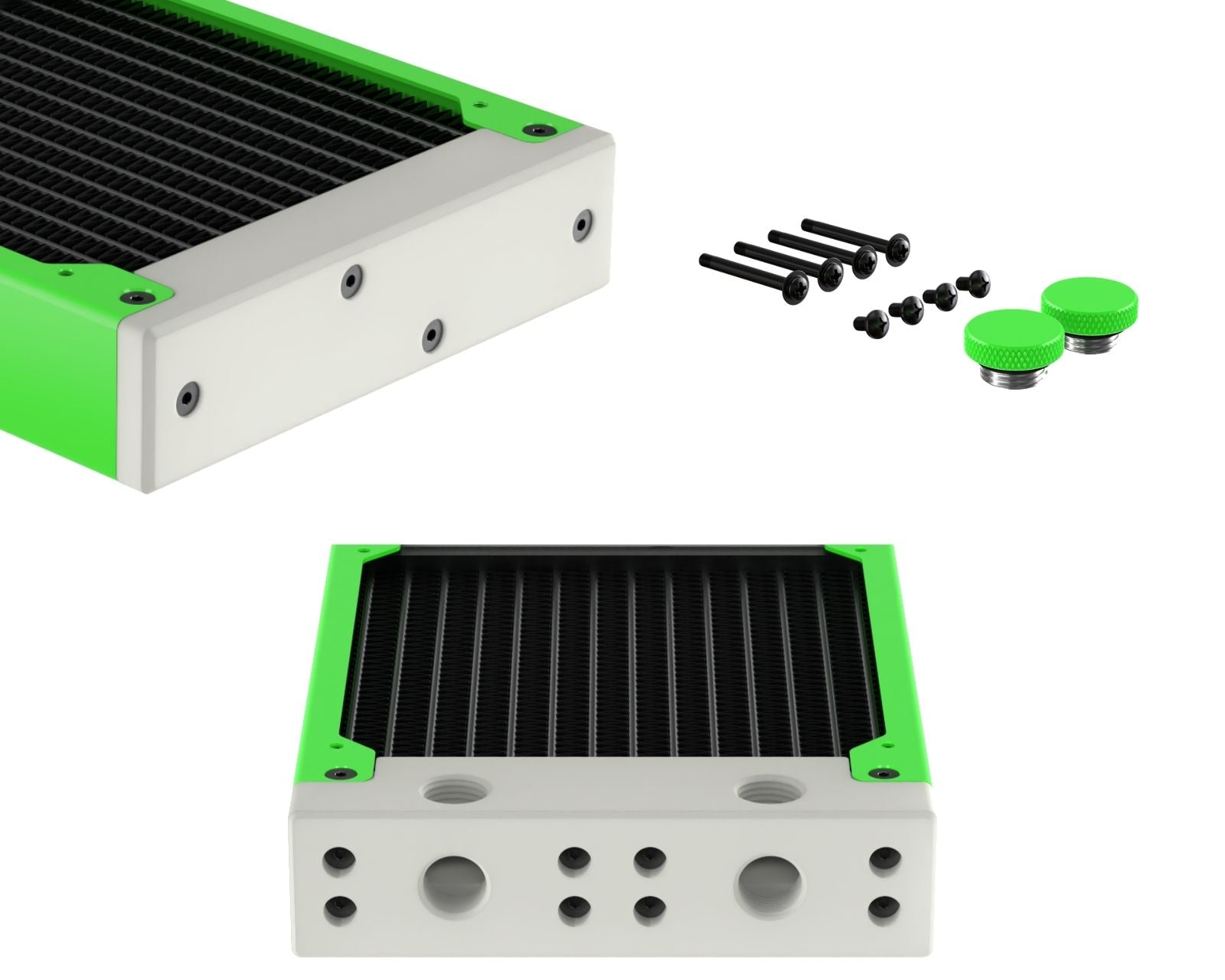 PrimoChill 120SL (30mm) EXIMO Modular Radiator, White POM, 1x120mm, Single Fan (R-SL-W12) Available in 20+ Colors, Assembled in USA and Custom Watercooling Loop Ready - UV Green