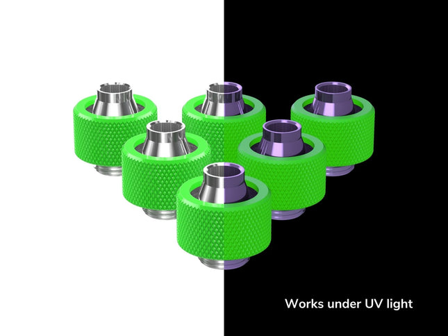 PrimoChill SecureFit SX - Premium Compression Fitting For 7/16in ID x 5/8in OD Flexible Tubing 6 Pack (F-SFSX758-6) - Available in 20+ Colors, Custom Watercooling Loop Ready - UV Green