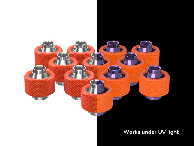 PrimoChill SecureFit SX - Premium Compression Fitting For 3/8in ID x 5/8in OD Flexible Tubing 12 Pack (F-SFSX58-12) - Available in 20+ Colors, Custom Watercooling Loop Ready - UV Orange