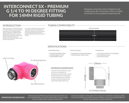 PrimoChill InterConnect SX Premium G1/4 to 90 Degree Adapter Fitting for 14MM Rigid Tubing (FA-G9014) - UV Pink