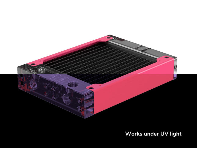 PrimoChill 120SL (30mm) EXIMO Modular Radiator, Clear Acrylic, 1x120mm, Single Fan (R-SL-A12) Available in 20+ Colors, Assembled in USA and Custom Watercooling Loop Ready - UV Pink