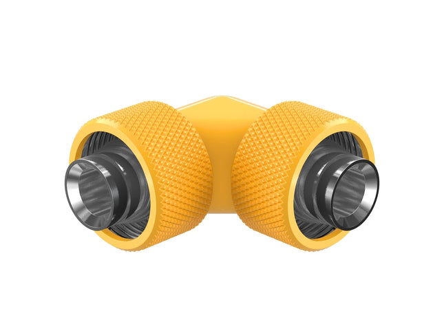 PrimoChill SecureFit SX - Premium 90 Degree Compression Fitting Set For 1/2in ID x 3/4in OD Flexible Tubing (F-SFSX3490) - Available in 20+ Colors, Custom Watercooling Loop Ready - Yellow