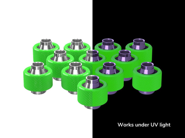 PrimoChill SecureFit SX - Premium Compression Fitting For 3/8in ID x 5/8in OD Flexible Tubing 12 Pack (F-SFSX58-12) - Available in 20+ Colors, Custom Watercooling Loop Ready - UV Green