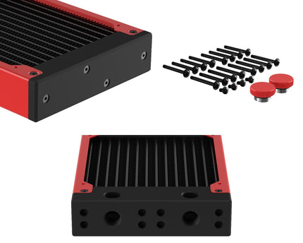 PrimoChill 480SL (30mm) EXIMO Modular Radiator, Black POM, 4x120mm, Quad Fan (R-SL-BK48) Available in 20+ Colors, Assembled in USA and Custom Watercooling Loop Ready - Razor Red