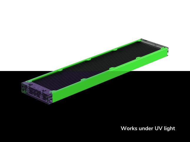 PrimoChill 480SL (30mm) EXIMO Modular Radiator, Clear Acrylic, 4x120mm, Quad Fan (R-SL-A48) Available in 20+ Colors, Assembled in USA and Custom Watercooling Loop Ready - UV Green