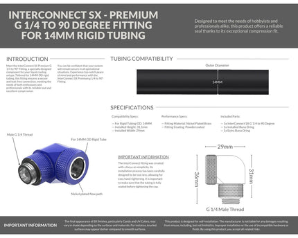 PrimoChill InterConnect SX Premium G1/4 to 90 Degree Adapter Fitting for 14MM Rigid Tubing (FA-G9014) - True Blue