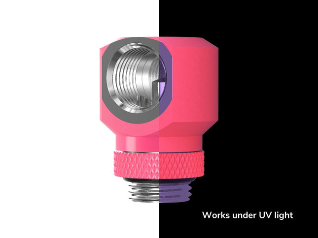 PrimoChill InterConnectSX Flat 90 Degree Rotary Fitting (FAF90) – Enhanced PC Cooling with Sleek Aesthetics - Available in 20+ Colors, Custom Watercooling Loop Ready - UV Pink