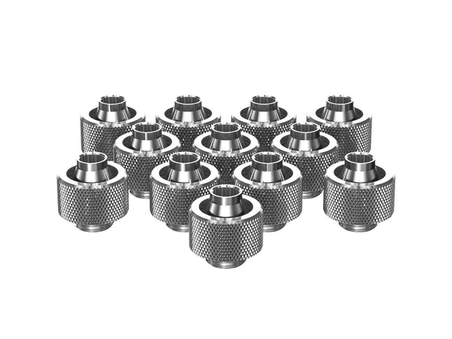 PrimoChill SecureFit SX - Premium Compression Fitting For 7/16in ID x 5/8in OD Flexible Tubing 12 Pack (F-SFSX758-12) - Available in 20+ Colors, Custom Watercooling Loop Ready - Silver Nickel