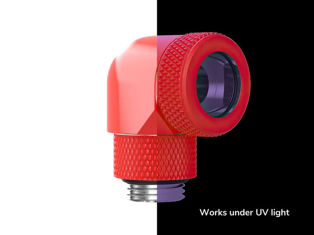 PrimoChill InterConnect SX Premium G1/4 to 90 Degree Adapter Fitting for 14MM Rigid Tubing (FA-G9014) - UV Red