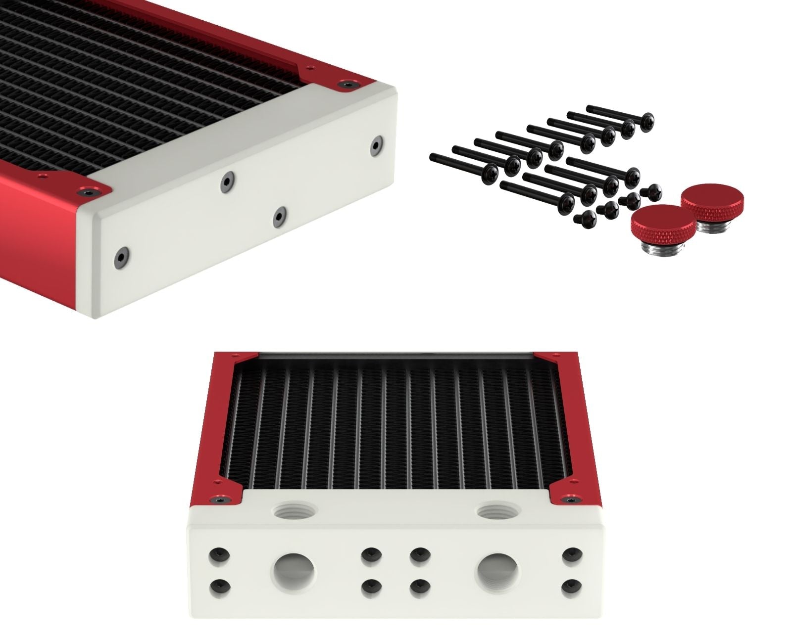 PrimoChill 360SL (30mm) EXIMO Modular Radiator, White POM, 3x120mm, Triple Fan (R-SL-W36) Available in 20+ Colors, Assembled in USA and Custom Watercooling Loop Ready - Candy Red