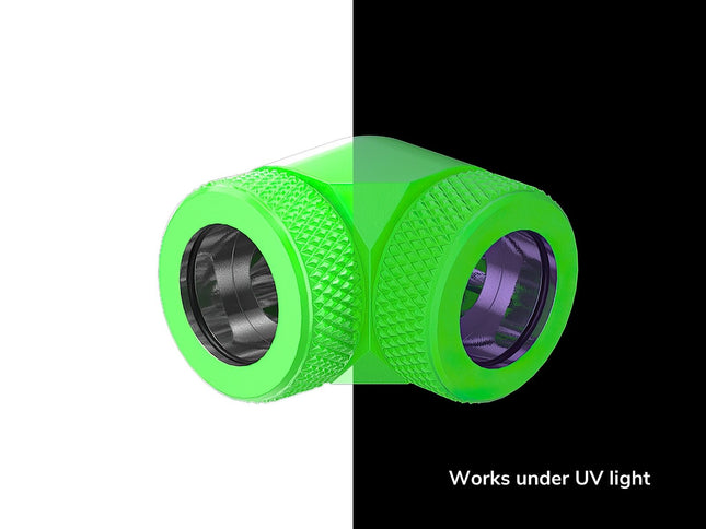 PrimoChill InterConnect SX Premium 90 Degree Elbow Adapter Fitting for 14MM Rigid Tubing (FA-9014) - UV Green
