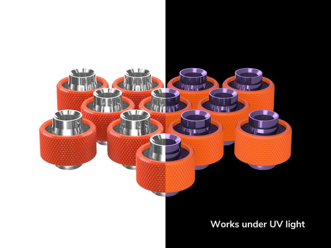 PrimoChill SecureFit SX - Premium Compression Fittings 12 Pack - For 1/2in ID x 3/4in OD Flexible Tubing (F-SFSX34-12) - Available in 20+ Colors, Custom Watercooling Loop Ready - UV Orange