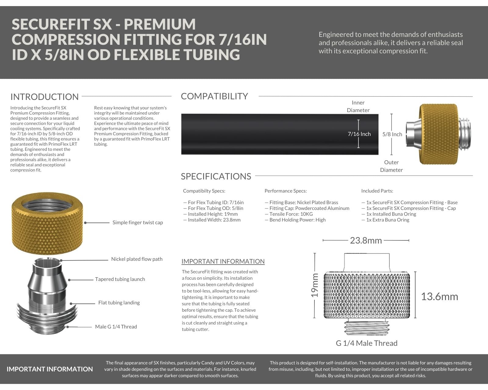PrimoChill SecureFit SX - Premium Compression Fitting For 7/16in ID x 5/8in OD Flexible Tubing (F-SFSX758) - Available in 20+ Colors, Custom Watercooling Loop Ready - Gold