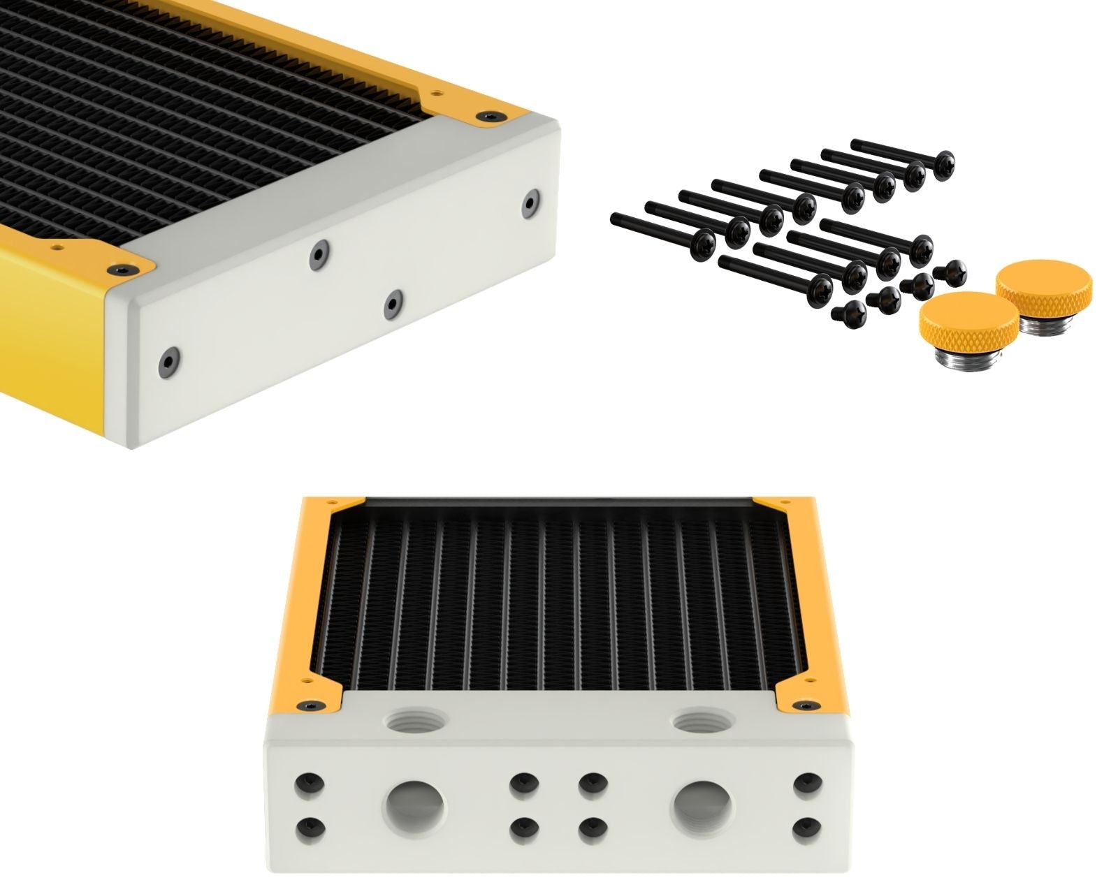PrimoChill 360SL (30mm) EXIMO Modular Radiator, White POM, 3x120mm, Triple Fan (R-SL-W36) Available in 20+ Colors, Assembled in USA and Custom Watercooling Loop Ready - Yellow