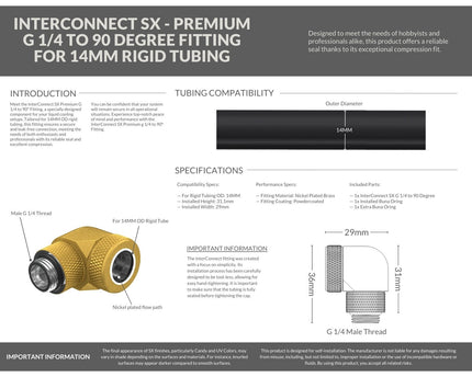 PrimoChill InterConnect SX Premium G1/4 to 90 Degree Adapter Fitting for 14MM Rigid Tubing (FA-G9014) - Gold