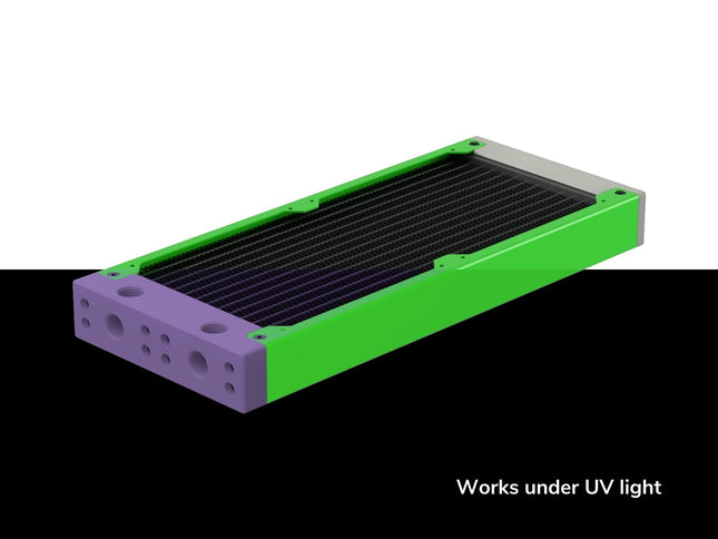 PrimoChill 240SL (30mm) EXIMO Modular Radiator, White POM, 2x120mm, Dual Fan (R-SL-W24) Available in 20+ Colors, Assembled in USA and Custom Watercooling Loop Ready - UV Green