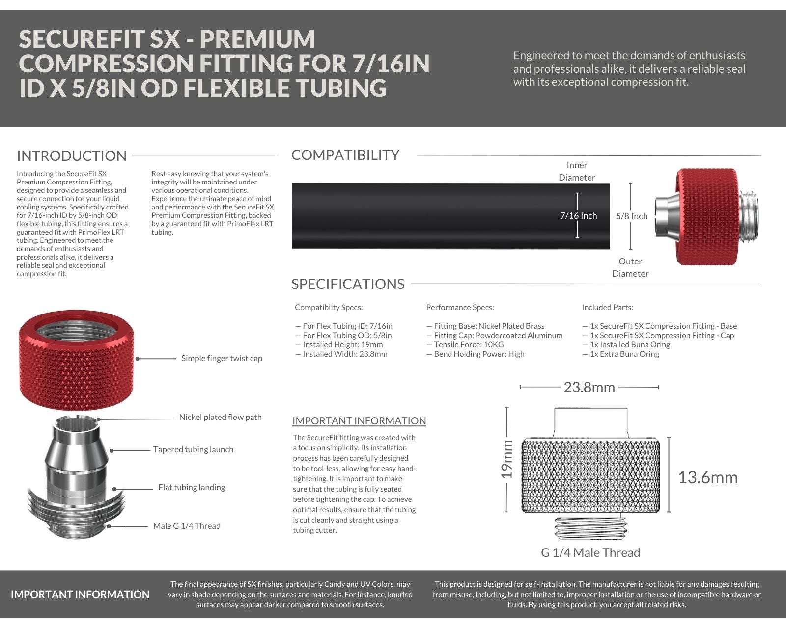 PrimoChill SecureFit SX - Premium Compression Fitting For 7/16in ID x 5/8in OD Flexible Tubing (F-SFSX758) - Available in 20+ Colors, Custom Watercooling Loop Ready - Candy Red
