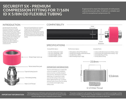 PrimoChill SecureFit SX - Premium Compression Fitting For 7/16in ID x 5/8in OD Flexible Tubing (F-SFSX758) - Available in 20+ Colors, Custom Watercooling Loop Ready - UV Pink