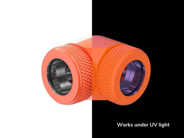 PrimoChill InterConnect SX Premium 90 Degree Elbow Adapter Fitting for 14MM Rigid Tubing (FA-9014) - UV Orange