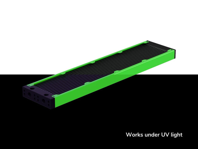 PrimoChill 480SL (30mm) EXIMO Modular Radiator, Black POM, 4x120mm, Quad Fan (R-SL-BK48) Available in 20+ Colors, Assembled in USA and Custom Watercooling Loop Ready - UV Green
