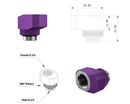 PrimoChill InterConnect SX Male to Female G 1/4in. Offset Full Rotary Fitting - 10mm - Candy Purple