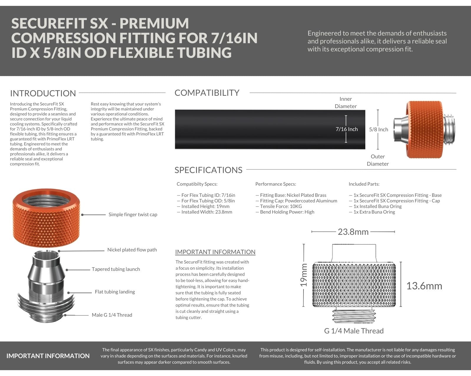 PrimoChill SecureFit SX - Premium Compression Fitting For 7/16in ID x 5/8in OD Flexible Tubing (F-SFSX758) - Available in 20+ Colors, Custom Watercooling Loop Ready - Candy Copper