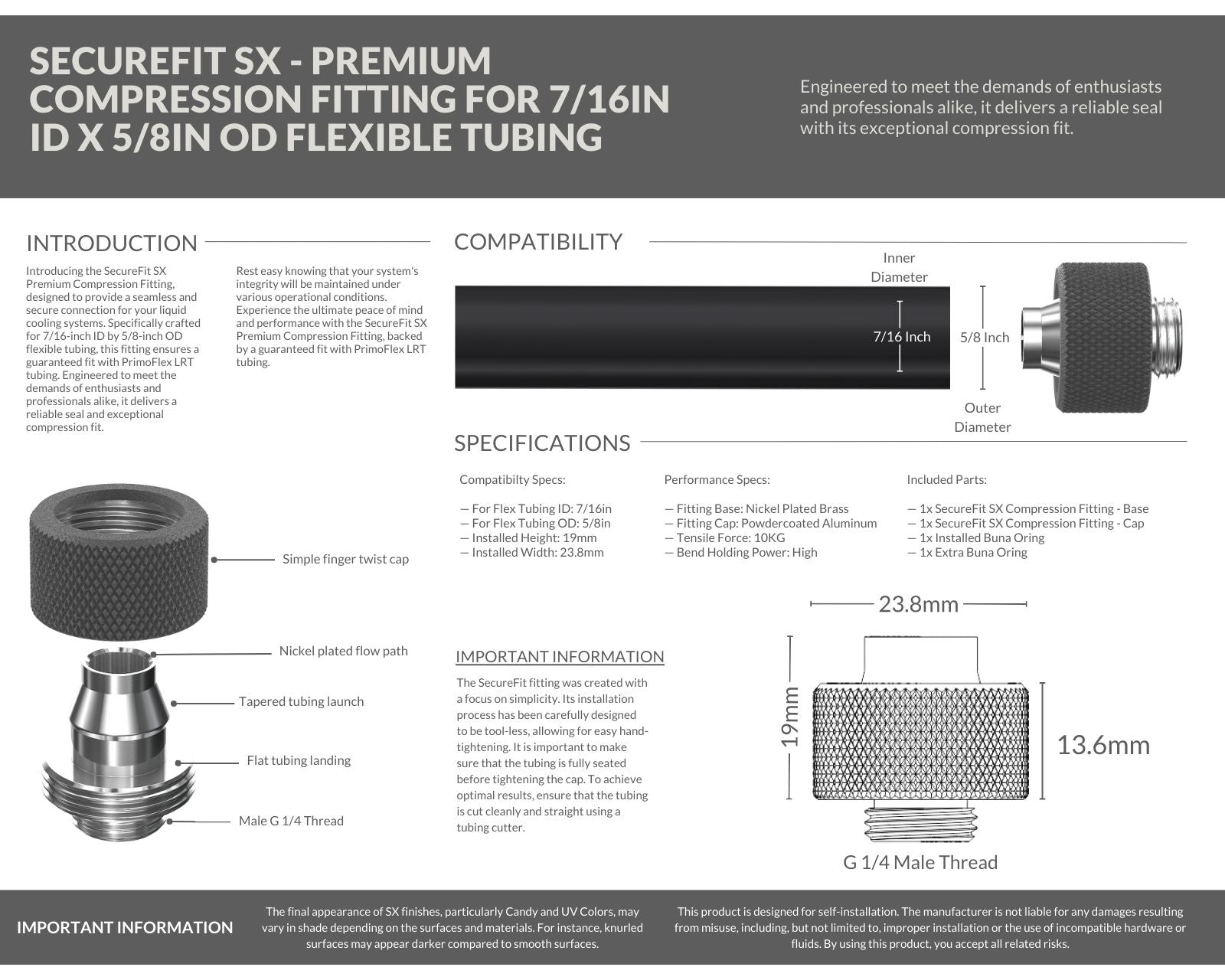 PrimoChill SecureFit SX - Premium Compression Fitting For 7/16in ID x 5/8in OD Flexible Tubing (F-SFSX758) - Available in 20+ Colors, Custom Watercooling Loop Ready - TX Matte Gun Metal