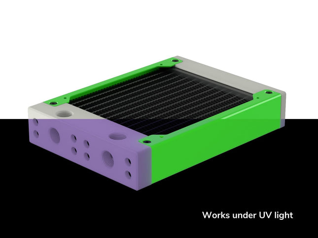 PrimoChill 120SL (30mm) EXIMO Modular Radiator, White POM, 1x120mm, Single Fan (R-SL-W12) Available in 20+ Colors, Assembled in USA and Custom Watercooling Loop Ready - UV Green