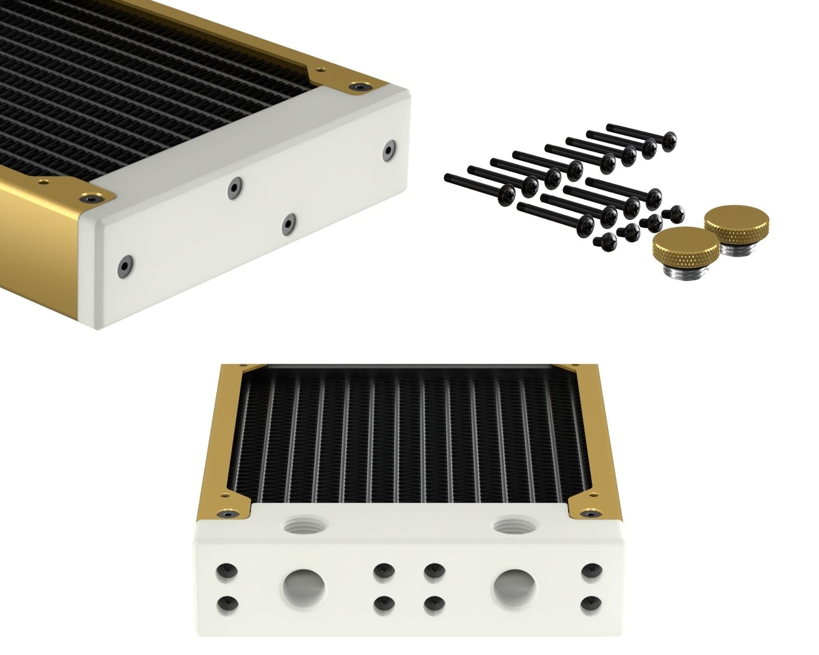 PrimoChill 360SL (30mm) EXIMO Modular Radiator, White POM, 3x120mm, Triple Fan (R-SL-W36) Available in 20+ Colors, Assembled in USA and Custom Watercooling Loop Ready - Candy Gold