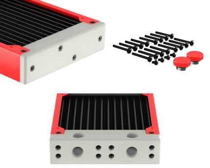PrimoChill 480SL (30mm) EXIMO Modular Radiator, White POM, 4x120mm, Quad Fan (R-SL-W48) Available in 20+ Colors, Assembled in USA and Custom Watercooling Loop Ready - UV Red