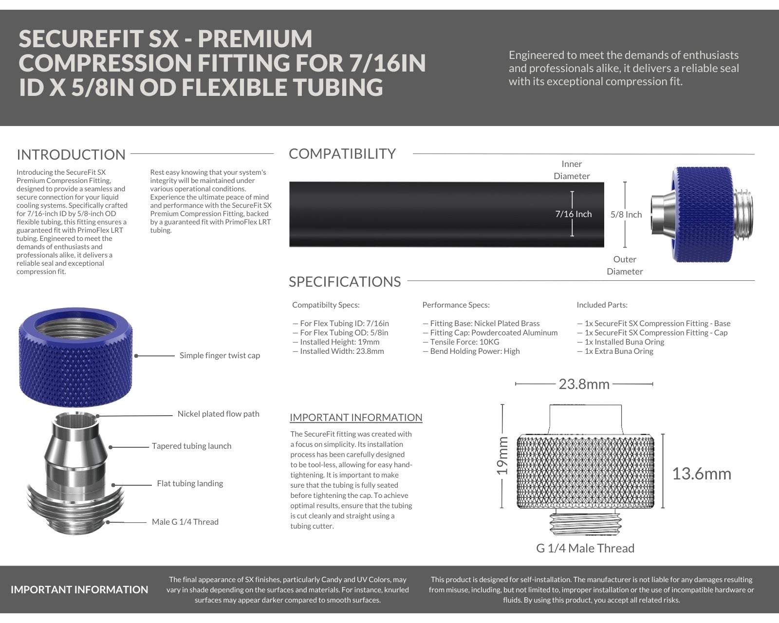 PrimoChill SecureFit SX - Premium Compression Fitting For 7/16in ID x 5/8in OD Flexible Tubing (F-SFSX758) - Available in 20+ Colors, Custom Watercooling Loop Ready - True Blue
