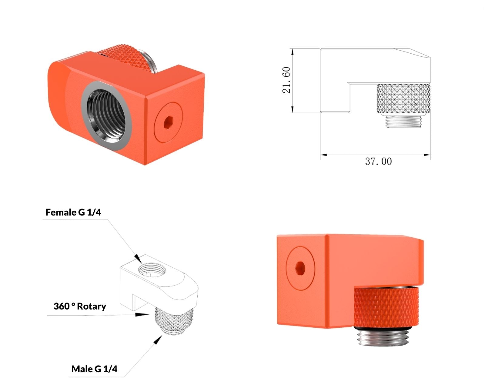PrimoChill Male to Female G 1/4in. Supported Offset Rotary Fitting - UV Orange