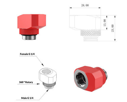 PrimoChill InterConnect SX Male to Female G 1/4in. Offset Full Rotary Fitting - 10mm - Razor Red
