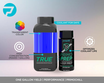 PrimoChill True - Computer WaterCooling Coolant, Concentrate, Low-Conductive, Transparent, Full Protection, PrimoPrep Included, Proudly Made in the USA (Yields a Gallon of Coolant) - UV Blue