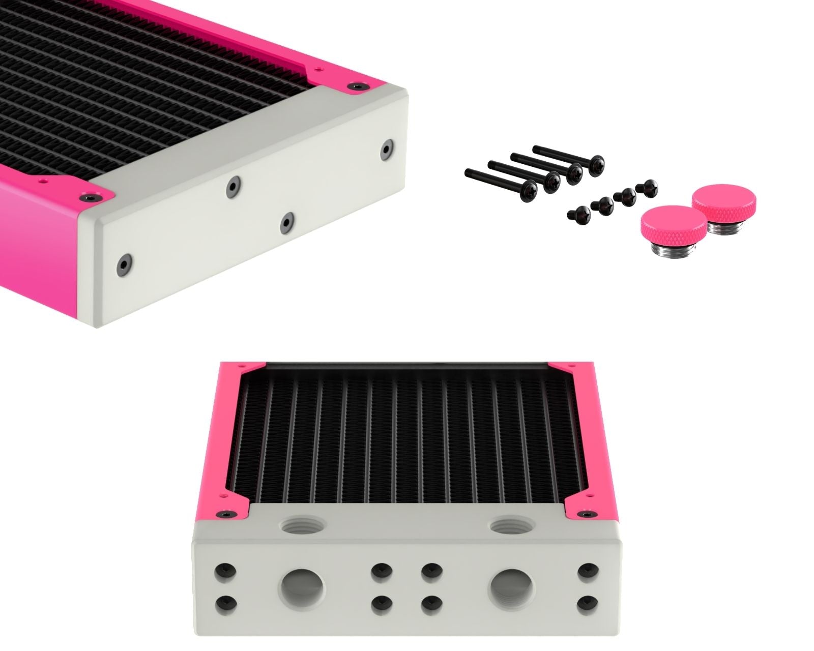 PrimoChill 120SL (30mm) EXIMO Modular Radiator, White POM, 1x120mm, Single Fan (R-SL-W12) Available in 20+ Colors, Assembled in USA and Custom Watercooling Loop Ready - UV Pink