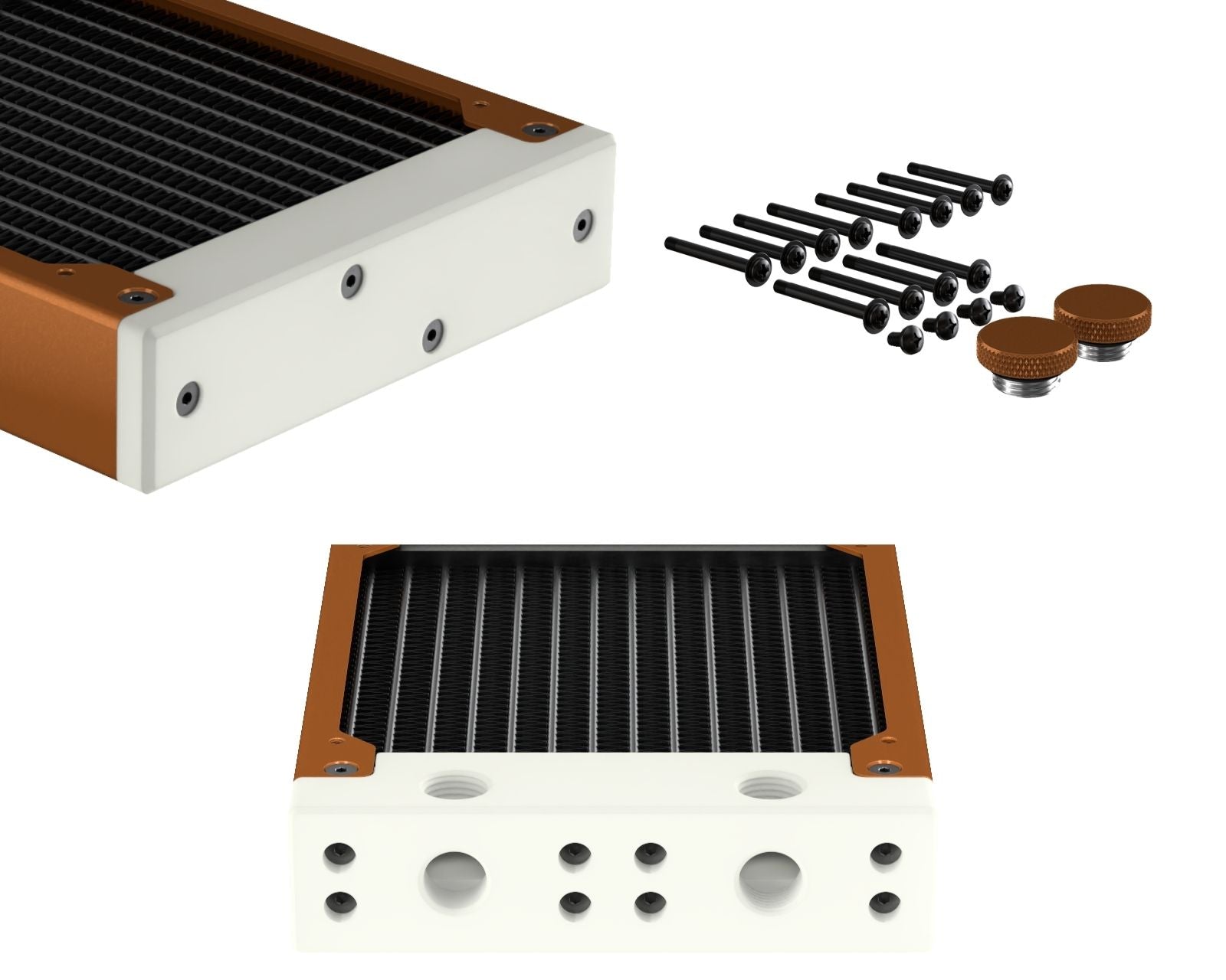 PrimoChill 360SL (30mm) EXIMO Modular Radiator, White POM, 3x120mm, Triple Fan (R-SL-W36) Available in 20+ Colors, Assembled in USA and Custom Watercooling Loop Ready - Copper