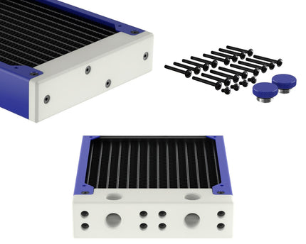 PrimoChill 480SL (30mm) EXIMO Modular Radiator, White POM, 4x120mm, Quad Fan (R-SL-W48) Available in 20+ Colors, Assembled in USA and Custom Watercooling Loop Ready - True Blue